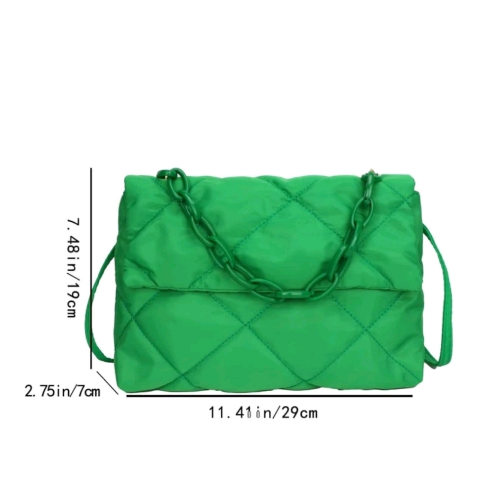 Green Quilted Pattern Chain Decor Flap Square Bag with Zipper & Magnetic Closure - Picture 5 of 7
